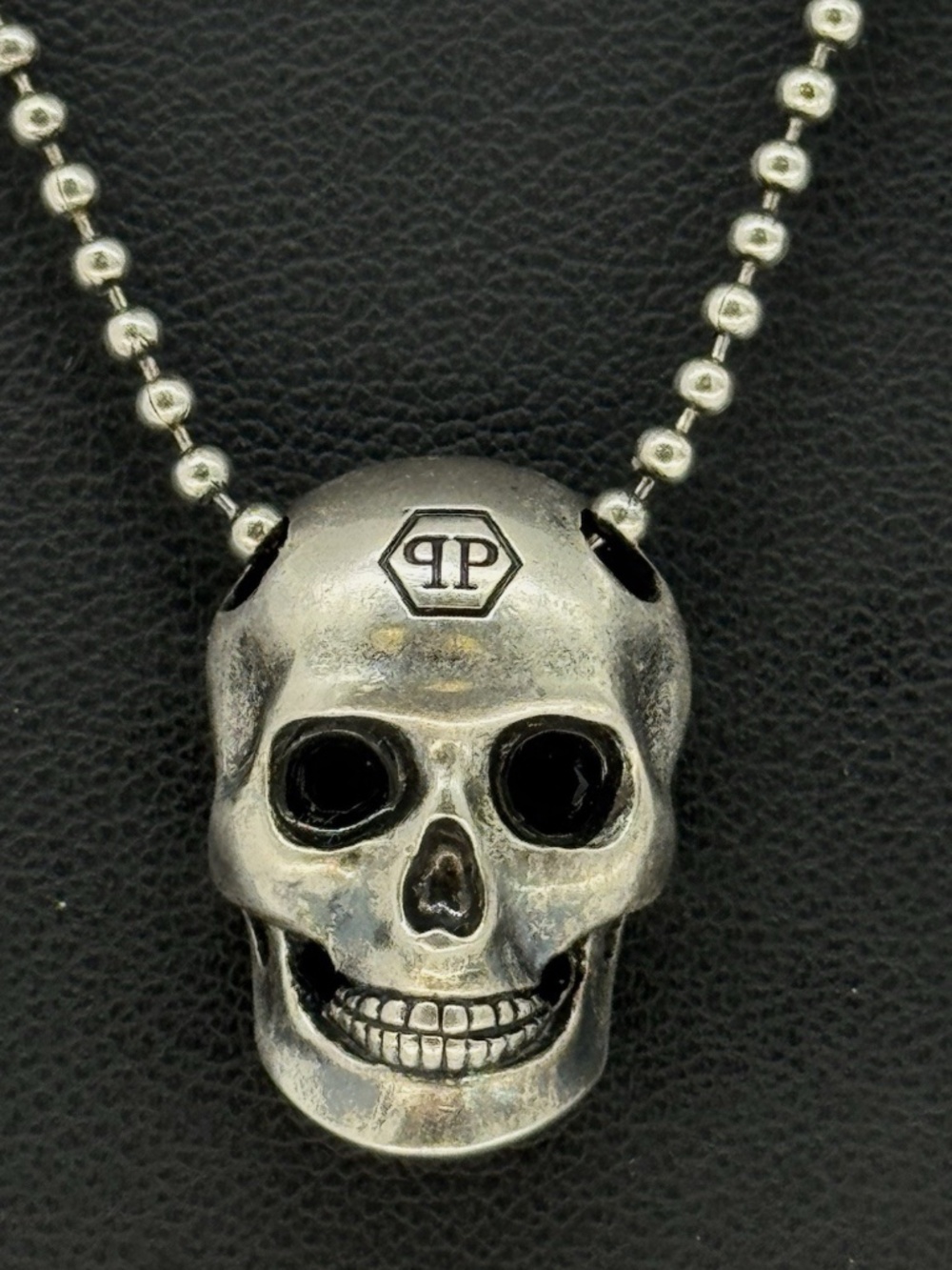 Philipp Plein Skull Pendant Beaded Necklace 24” Sterling silver